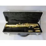 A GEAR FOR MUSIC SOPRANO SAX WITH FITTED CASE, having a lacquered brass body and mother of pearl st