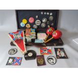A COLLECTION OF VINTAGE MUSIC MEMORABILIA, to include pin badges, patches, Gene Vincent pennant fla