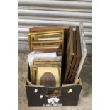 A SMALL TRAY OF PICTURES TO INCLUDE PORTRAIT ENGRAVINGS, FRAMES ETC.
