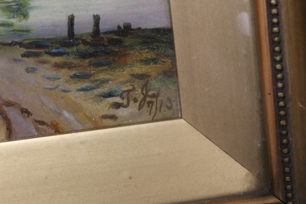 A PAIR OF ANTIQUE GILT FRAMED OILS ON BOARDS DEPICTING HARBOUR SCENES WITH FIGURES INITIALLED - Image 3 of 6