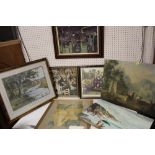 A COLLECTION OF PRINTS TOGETHER WITH AN UNFRAMED IMPRESSIONIST OIL ON BOARD OF A BEACH SCENE