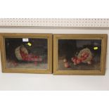 A PAIR OF GILT FRAMED GLAZED OIL ON BOARD STILL LIFE STUDIES OF CHERRIES AND BERRIES 31 CM BY 23.5