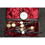A BOX OF LADIES WRIST WATCHES TOGETHER WITH A MILITARY STYLE STEEL CASED POCKET WATCH