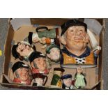 A BOX OF ROYAL DOULTON AND OTHER CHARACTER JUGS ETC