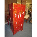 A MODERN RED LACQUERED CHINESE TALLBOY CABINET H-132 W-53.5 CM