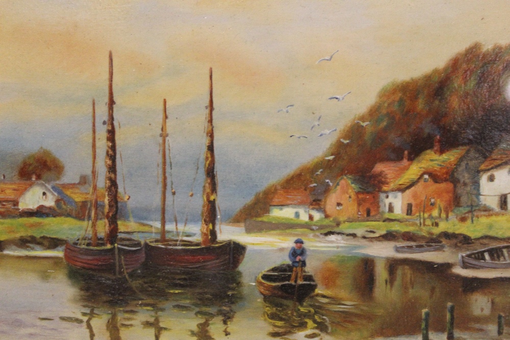 A PAIR OF ANTIQUE GILT FRAMED OILS ON BOARDS DEPICTING HARBOUR SCENES WITH FIGURES INITIALLED - Image 4 of 6