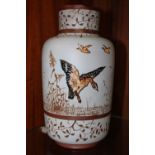 A CERAMIC SGRAFFITO STYLE VASE DECORATED WITH GLAZED DUCKS IN FLIGHT MONOGRAMMED TO BASE, NOTE -