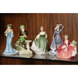 FIVE CERAMIC LADY FIGURES TO INCLUDE ROYAL DOULTON LYDIA HN1708, PLANT TUSCAN APRIL SHOWERS FIGURE