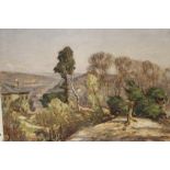 IMPRESSIONIST WOODED LANDSCAPE WITH COTTAGE, hills beyond, signed with initials and dated 1946 lower