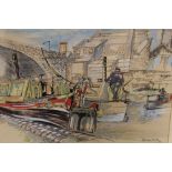 A FRAMED AND GLAZED MIXED MEDIA PICTURE OF A CANAL SCENE WITH NARROW BOAT SIGNED GRAHAM BENTON 41 CM