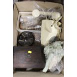 A BOX OF COLLECTABLES TO INCLUDE A VINTAGE CREAM TELEPHONE, TEST TUBES, WOODEN LIDDED BOX ETC