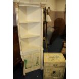 A CREAM PAINTED OPEN CORNER CUPBOARD TOGETHER WITH A SIMILAR CABINET (2)