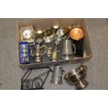 A BOX OF ASSORTED METALWARE TO INCLUDE SILVER PLATED EXAMPLES