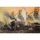A FRAMED SIGNED LIMITED EDITION RAILWAY INTEREST PRINT ENTITLED 'LAST OF THE STEAM WORKHORSES' BY