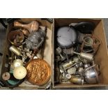 TWO TRAYS OF VINTAGE METALWARE TO INCLUDE A SILVER PLATED TEAPOT ETC