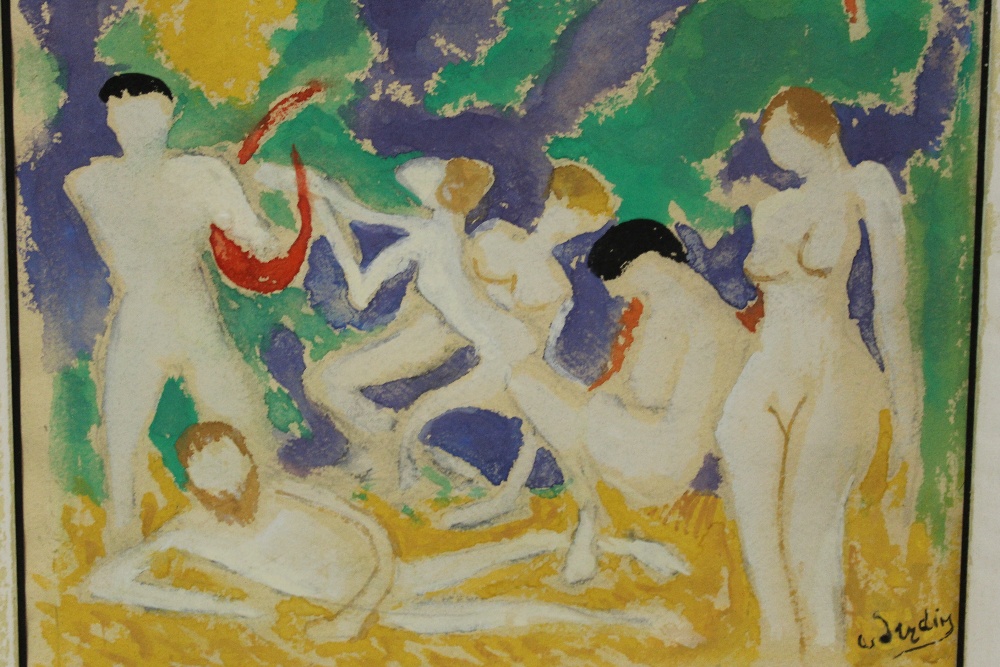(XX). A modernist study of male and female nudes in a landscape, signed lower right, watercolour, - Image 2 of 4