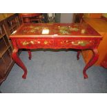 A MODERN RED LACQUERED TWO DRAWER CHINESE CONSOLE TABLE H-76 CM W-106 CM