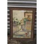 (XIX-XX). A continental street scene with figures, indistinctly signed lower left, watercolour,