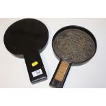 A JAPANESE CIRCULAR BRONZED HAND MIRROR IN LIDDED LACQUERWARE CASE, cast to the reverse with
