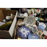 THREE BOXES OF ASSORTED CERAMICS TO INCLUDE T.G. GREEN KITCHENWARE, WEDGWOOD, ETC.