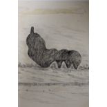 AFTER HENRY MOORE. A study of a large modernist sculpture in a field, bears signature upper left and