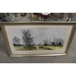 A LARGE SIGNED FRAMED AND GLAZED LIMITED EDITION PRINT ENTITLED 'THE FARMLAND' BY RON FOLLAND SIGNED