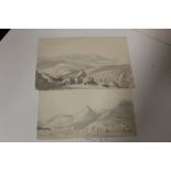 MARY MARTIN, NEE BUCKLE (b. 1800). Two monotone mountainous landscapes with buildings. Unsigned,