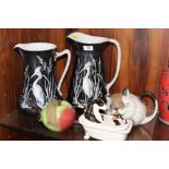 A NOVELTY CARLTONWARE CAT SHAPED TEAPOT, TOGETHER WITH AN APPLE SHAPED EXAMPLE, TWO LARGE HERON