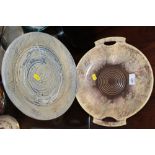 TWO STUDIO POTTERY PLATES / CHARGERS COMPRISING OF AN EDINBANE OF SCOTLAND AND A TWIN HANDLED