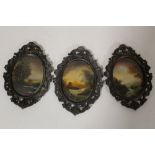 THREE METAL FRAMED MINIATURE OIL ON COPPER LANDSCAPES