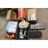 A BOX AND 2 TRAYS OF MIXED TOOLS, METALWARE, ELECTRICALS ETC