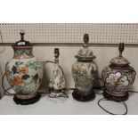 THREE ORIENTAL STYLE TABLE LAMPS TOGETHER WITH A FLORAL EXAMPLE