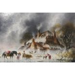 C.M. LISLE (XX). A Dutch stormy frozen river landscape with dog, horse and figures before a