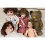 A COLLECTION OF PORCELAIN HEADED DOLLS, ARMAND MARSEILLE DOLL, VINTAGE JOINTED TEDDY BEAR