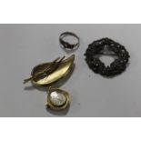 A SILVER RING, WHITE METAL BROOCH AND A PENDANT WATCH (3)