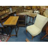 TWO BARLEYTWIST OCCASIONAL TABLES AN UPHOLSTERED BEDROOM CHAIR AND A SMALL SIDE CABINET