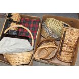 TWO TRAYS OF WICKER BASKETS ETC