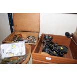 THREE BOXES OF COLLECTABLES & METALWARE TO INCLUDE LOCKS, SWATCH WATCH, SCALES ETC