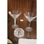 A PAIR OF WATERFORD CRYSTAL DRINKING GLASSES, TOGETHER WITH A WATERFORD CRYSTAL PAPERWEIGHT (3)