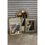 A GILT FRAMED ARCH TOPPED WALL MIRROR OVERALL- 86CM X 47CM , TOGETHER WITH TWO OTHER WALL MIRRORS (