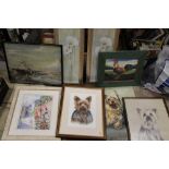 A BOX OF ASSORTED PRINTS TO INCLUDE FLORAL EXAMPLES, TERRIER PICTURES ETC.