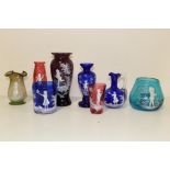 A COLLECTION OF ANTIQUE AND LATER MARY GREGORY GLASS VASES ETC., varying colours and applied