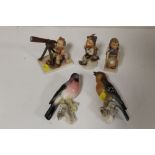 THREE GOEBEL FIGURES TOGETHER WITH TWO WALL HANGING CERAMIC BIRD FIGURES
