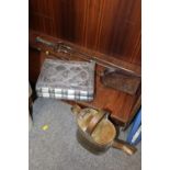 A VINTAGE METAL WATERING CAN, TOGETHER WITH A MODERN BOOK SHAPED JEWELLERY BOX AND TWO FIRESIDE