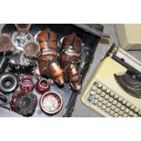 A BOX OF CERAMICS AND GLASSWARE TOGETHER WITH A CASED VINTAGE TYPEWRITER