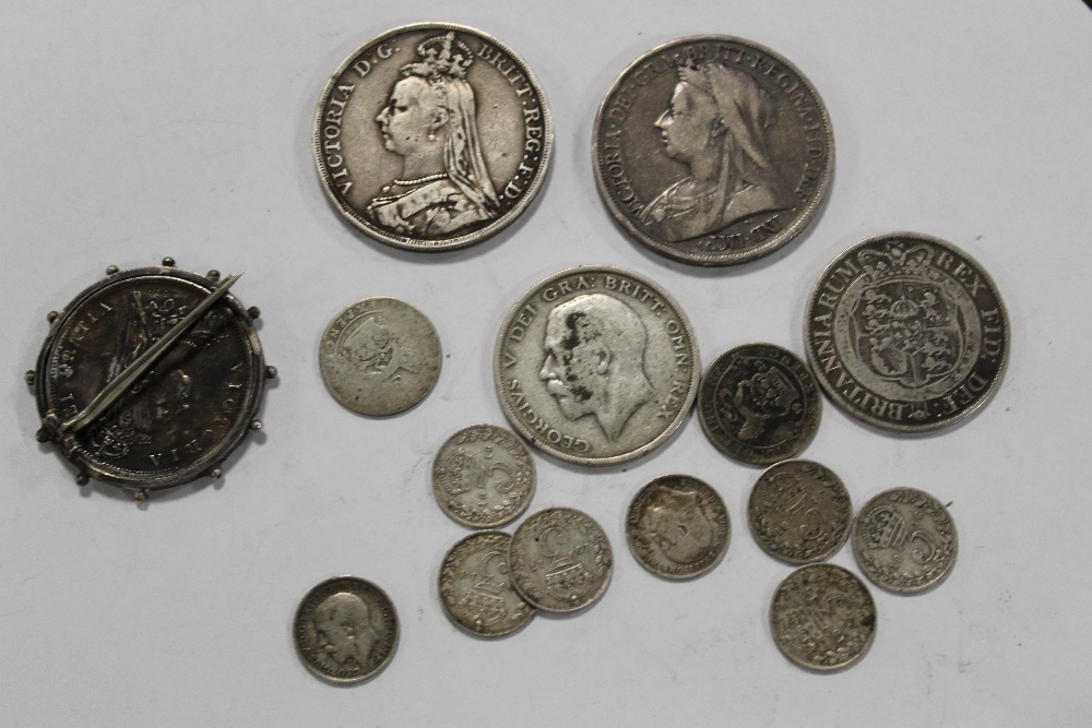 A COLLECTION OF ANTIQUE SILVER AND WHITE METAL COINS TO INCLUDE AN 1893 CROWN, 1889 CROWN - Image 2 of 2