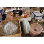 FOUR BOXES OF ASSORTED GLASSWARE TO INCLUDE RETRO GLASS LIGHT SHADES, PUNCH BOWL SET ETC.