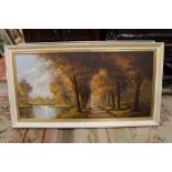 A FRAMED OIL ON CANVAS DEPICTING A WOODLAND RIVER SCENE SIGNED FOULAN LOWER LEFT SIZE - 80CM X 39CM