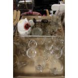 TWO TRAYS OF MOSTLY GLASSWARE, OWL BISCUIT BARREL, ETC. TOGETHER WITH A MODERN BOXED CANDLE HOLDER