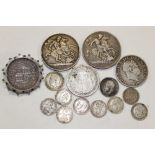 A COLLECTION OF ANTIQUE SILVER AND WHITE METAL COINS TO INCLUDE AN 1893 CROWN, 1889 CROWN